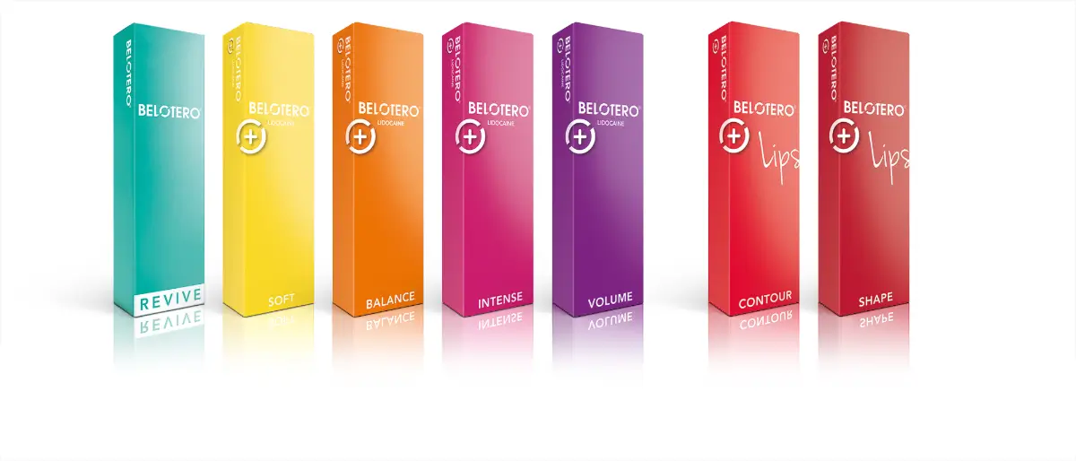 Gama de productos Belotero para labios, cada caja con un color diferente