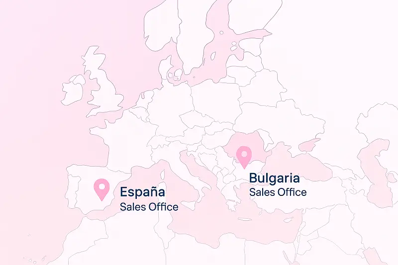 Map of Europe with two pins, one in Spain and another in Bulgaria, with the sales offices from TopDermal